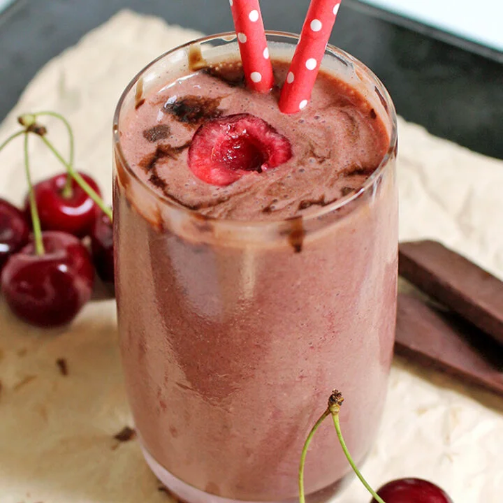 Get your fruit smoothie here.. Would you like the one with cherries and bananas? Now something even better.. Black Forest Smoothie recipe.