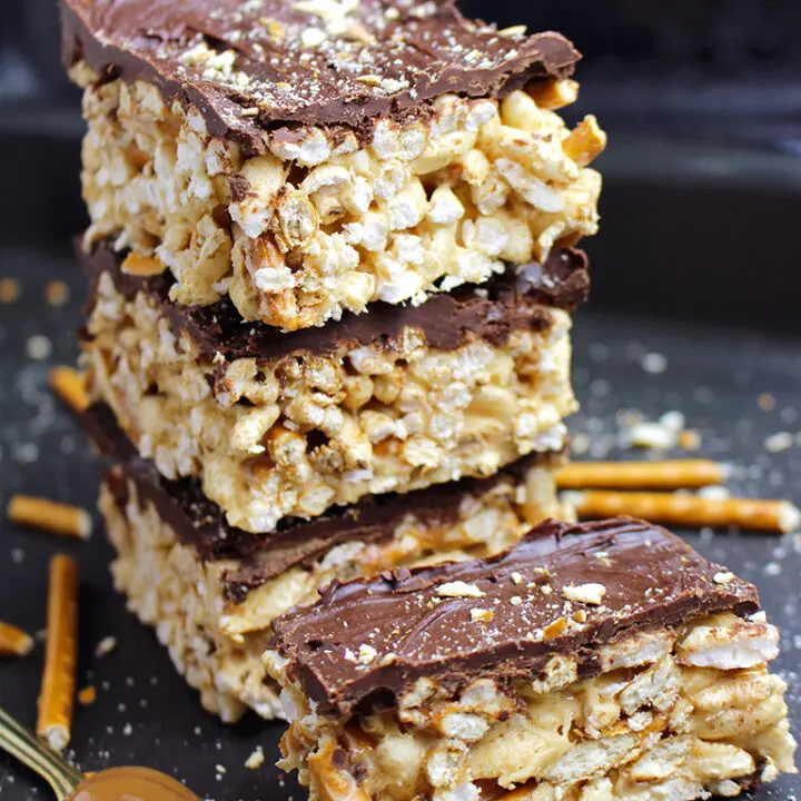 Time for snack? Looking for a quick and delicious meal? Chocolate Caramel Pretzel Krispie Treats is just what you need.. Delicious brunch recipe perfect for busy days..