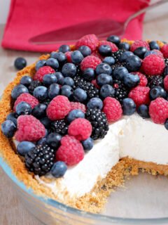 There is a crust made of graham crackers, sugar and cinnamon, then cheesecake filling made of cream cheese, heavy cream, sugar and lemon juice and fresh berries mix on the top ♥