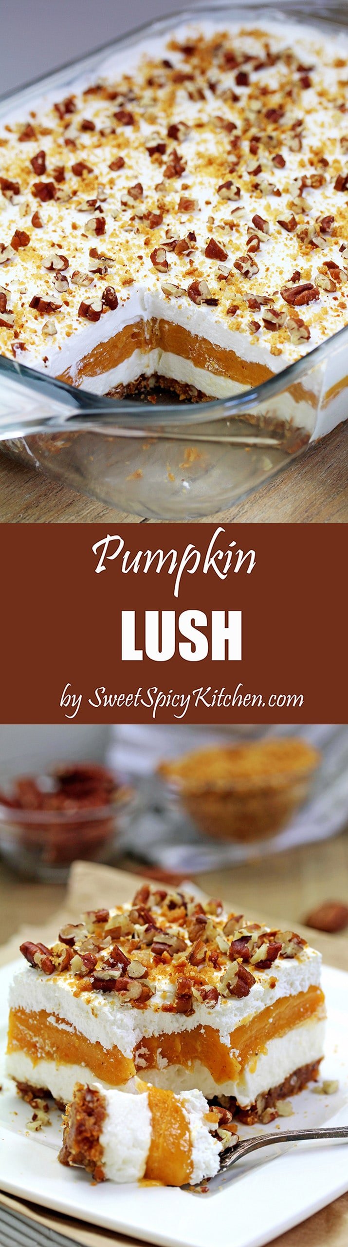 Pumpkin Lush – ce dessert crémeux à la fois léger et délicieux, à la crème au fromage et à la citrouille, et à la croûte de biscuits au gingembre, garnie de pacanes hachées et de miettes de biscuits au gingembre, ravira tous les amateurs de citrouille.