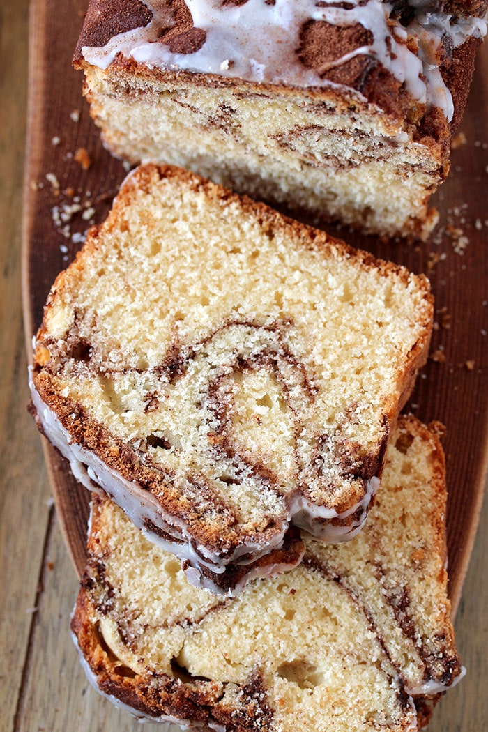 You can find the recipe for our favorite Cinnamon Sugar Swirl Bread, here. This perfectly soft and moist bread is made of simple ingredients that can be found in every kitchen and it’s as simple as making a swirl out of cinnamon – sugar mixture and then drizzle it with vanilla glaze