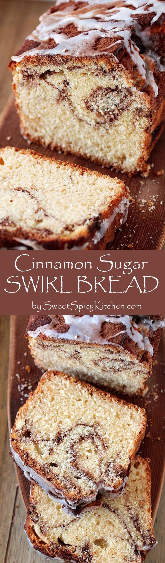 You can find the recipe for our favorite Cinnamon Sugar Swirl Bread, here. This perfectly soft and moist bread is made of simple ingredients that can be found in every kitchen and it’s as simple as making a swirl out of cinnamon – sugar mixture and then drizzle it with vanilla glaze.