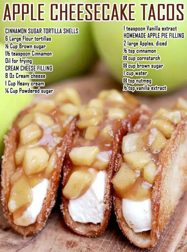 Apple Cheesecake Tacos – crunchy cinnamon sugar tortilla shells, filled with cheesecake filling and covered with homemade apple pie filling are simply perfect. This very tasty dessert is ideal for upcoming fall days.