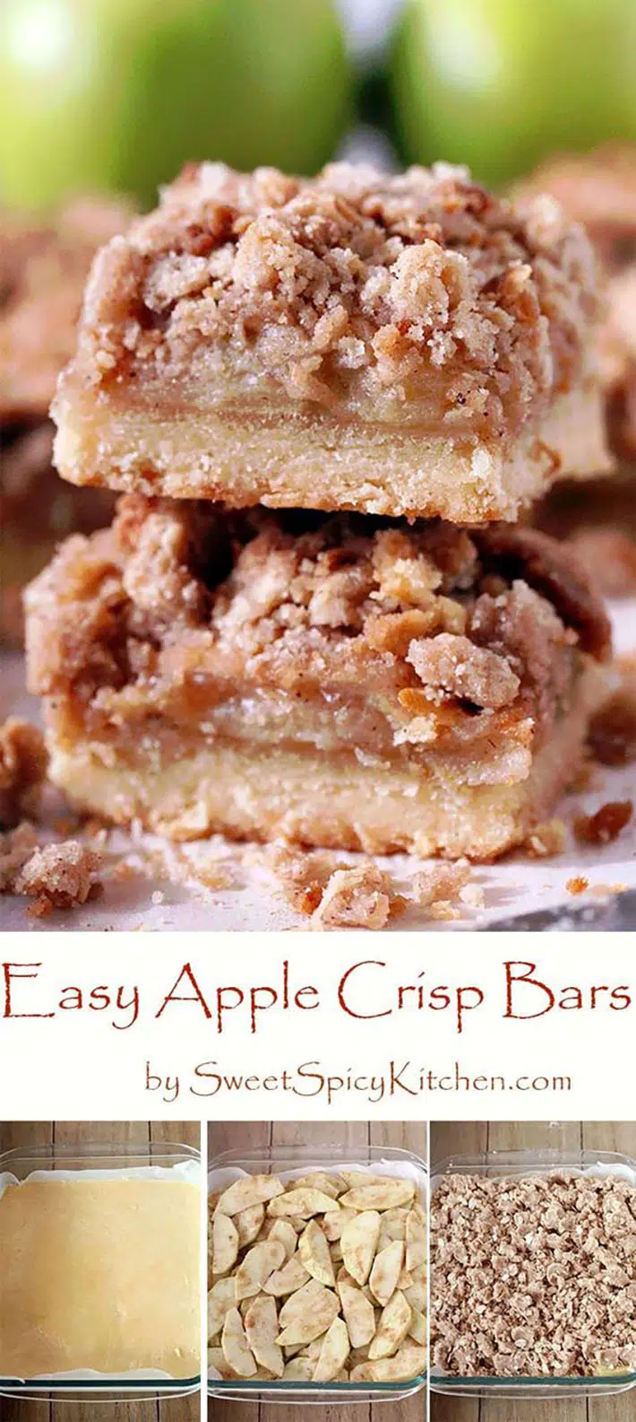 These Easy Apple Crisp Bars have a shortbread layer made of: flour, butter, sugar, light brown sugar, vanilla extract and salt. The juicy part in the middle consists of: apples, sugar, light brown sugar, flour, cinnamon and nutmeg. Crisp topping is made of flour, oats, light brown sugar, butter, cinnamon and salt.