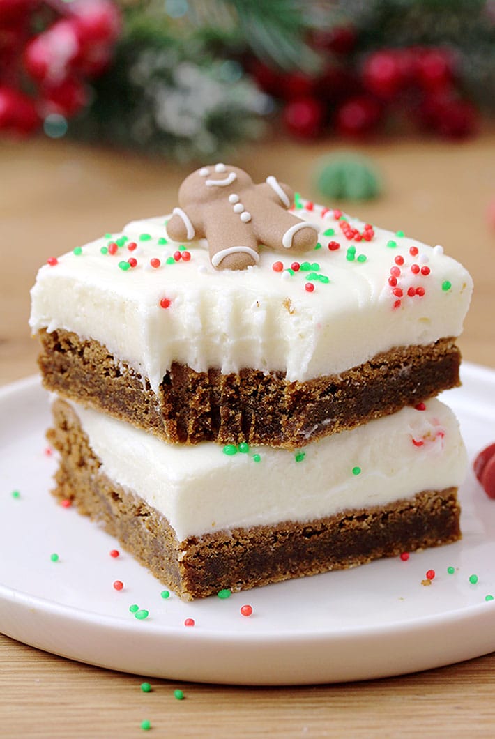 Gingerbread Bars with Cream Cheese Frosting is an amazing Christmas dessert. These chewy, fudgy, spicy bars, topped with cream cheese frosting are so easy to prepare and they look great on a cookie tray.