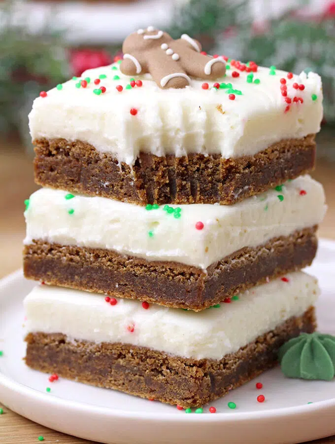 Gingerbread Bars with Cream Cheese Frosting is an amazing Christmas dessert. These chewy, fudgy, spicy bars, topped with cream cheese frosting are so easy to prepare and they look great on a cookie tray.