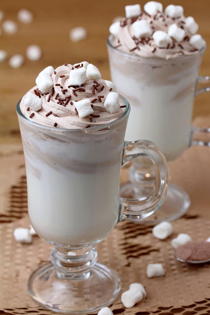 Whipped Hot Chocolate – hot or cold milk on the bottom of a cup, chocolate whipped cream on the top create an amazing flavor, when they are mixed together. This rich cup of hot chocolate also looks amazing. It is very quick and easy to prepare – only 3 minutes and 4 ingredients are necessary for you to make this perfectly creamy hot chocolate.