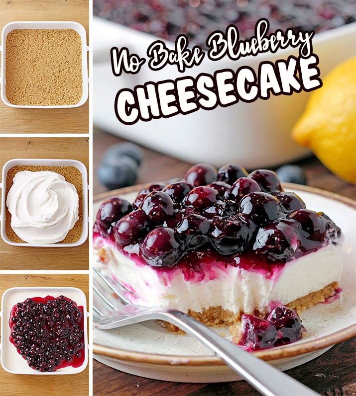 No Bake Blueberry Cheesecake – is a delicious dessert made with a buttery graham cracker crust, no bake cheesecake filling, topped with homemade blueberry sauce. Crusty base, cream filling and fruit topping – three different flavors and textures make a perfect combination.