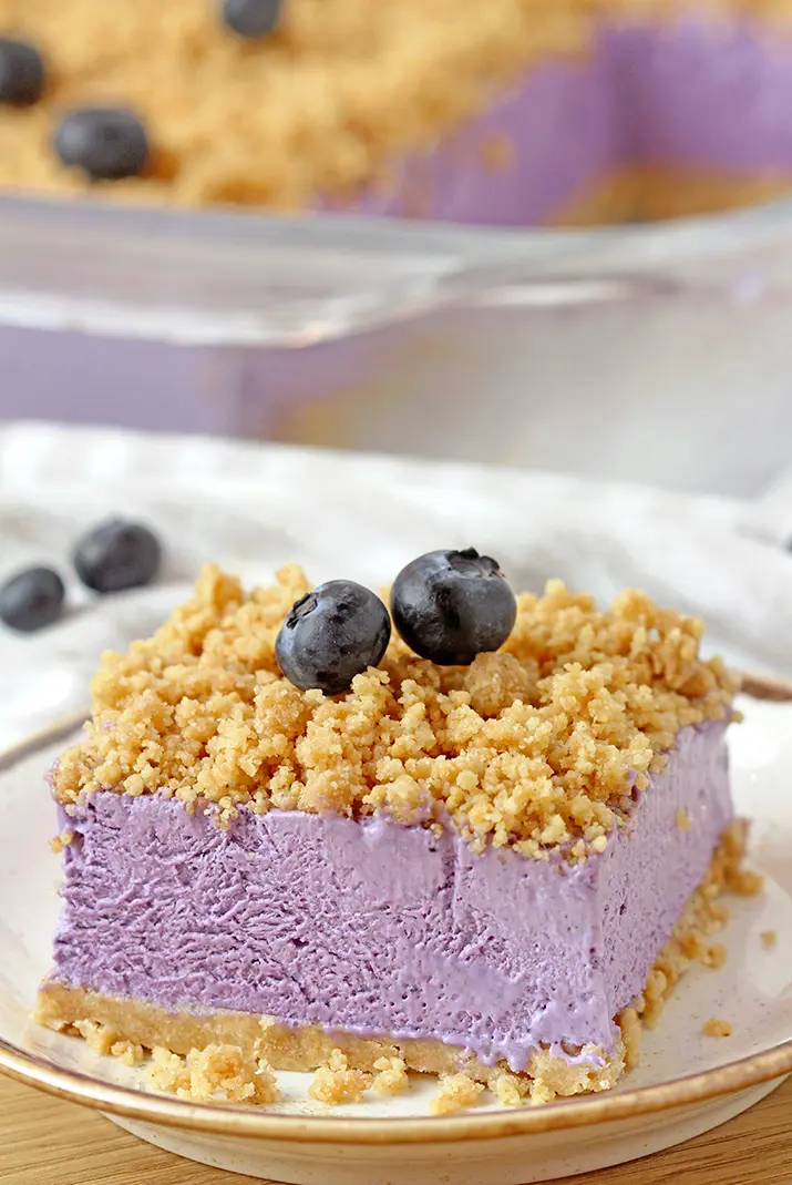 Easy Frozen Blueberry Dessert – a perfect spring and summer dessert for all blueberry fans. This refreshing, creamy, frozen dessert made with fresh blueberries and a crunchy graham cracker layer, topped with graham cracker crumbs is very quick and easy to prepare. 