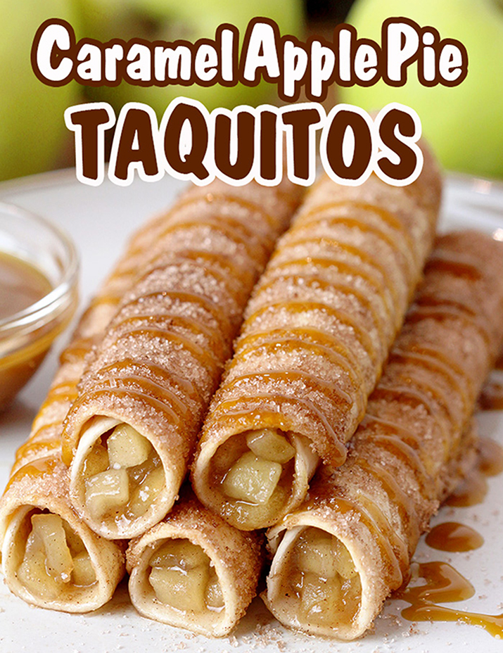 Caramel Apple Pie Taquitos – tortillas filled with apple pie filling, rolled in sugar and cinnamon, oven baked and drizzled with caramel sauce are real fall dessert. This quick and easy recipe will be a hit this fall. Caramel Apple Pie Taquitos can be served for breakfast, snack or a dessert. 